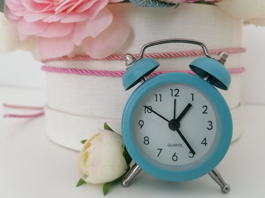 A close-up of a small, light blue analog alarm clock with twin bells and metal handle, showing the time as 12:05, placed next to a single white rose with green leaves. In the background, there are cyl