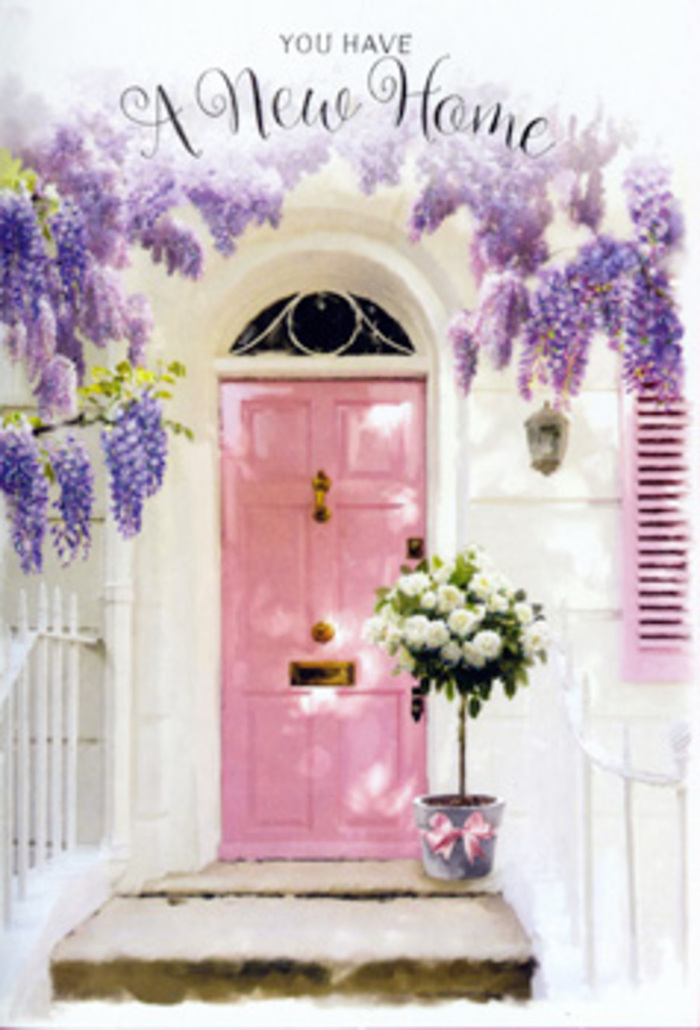 Here, a pastel-painted pink door becomes the emotional centrepiece of a tranquil entrance scene that feels right at home in Thamesmead's quieter residential streets. The door is framed by whitewashed walls and a single, softly coloured shutter, their worn textures lending character and charm, as if this doorway has already seen many comings and goings. Above, a generous canopy of wisteria in full bloom cascades downward, each vine heavy with clusters of lavender and soft purple flowers. The blossoms drape graciously across the top of the doorway, creating a fragrant arch that calls to mind springtime walks along the Thamesmead lakes and green pathways. The wisteria's dangling sprays cast delicate shadows that dance across the pale walls, adding movement and depth to the scene. On the doorstep, a stylish tin bucket stands like a quiet announcement of celebration. It is overflowing with creamy white roses, their petals unfolding in thick, plush layers that catch the light, giving each bloom a luminous, almost glowing quality. Soft green foliage peeks through the roses, adding texture and a hint of wildness that balances the arrangement's classic elegance. A silky pink ribbon is tied around the bucket, its bow relaxed yet precise, repeating the blush tones of the door and tying the whole composition together. The mood is one of poised anticipation: perhaps the new homeowner has just stepped inside to put down the keys, or a friend has left this arrangement as a surprise to mark the move. The entire doorway feels like a gentle embrace-a floral housewarming greeting that suits a Thamesmead home perfectly, full of warmth, hope, and the sense that this is where new memories will take root and grow.