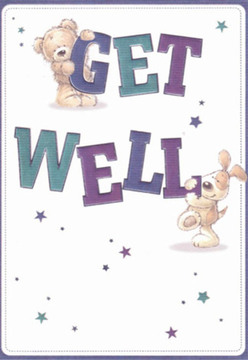 This cheerful get well card, echoing the uplifting atmosphere of Thamesmead, captures a scene of playful tenderness between two animated friends: a soft teddy bear clinging affectionately to the top of 'GET,' and a lively pup nestled below, his floppy ears curved in a welcoming embrace. The card's bold lettering, painted in deep purple and teal, is accented by a multitude of whimsical stars sparkling across the card, channeling the twinkling lights along Thamesmead's riverside in the evening. Anchored by a fresh, clean white background, the illustration conjures a sense of clarity, much like the feeling after a spring rain in Birchmere Park. Artistic details reflect the careful touch of a local florist arranging a bouquet-each expressive face, each star, thoughtfully placed to promote optimism and comfort. Sending this card beside a Thamesmead bouquet is more than just a gesture; it's a way of saying, 'We're thinking of you,' grounded in the community connection and nurturing energy that Florist Thamesmead brings to every door from Southmere Lake to Crossway.